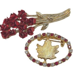 VTG 2PC Brooch Set Red Floral Gold Tone Rhinestone Romantic Gift Mom Granny Pins